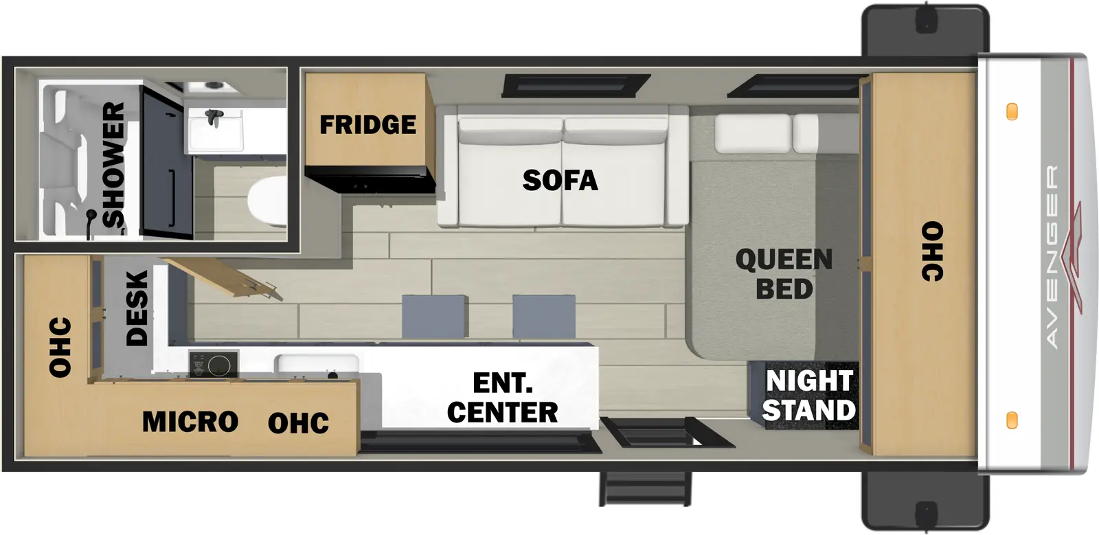 The Avenger 17RK floorplan has one entry and zero slide outs. Exterior features include: metal exterior. Interiors features include: front bedroom.